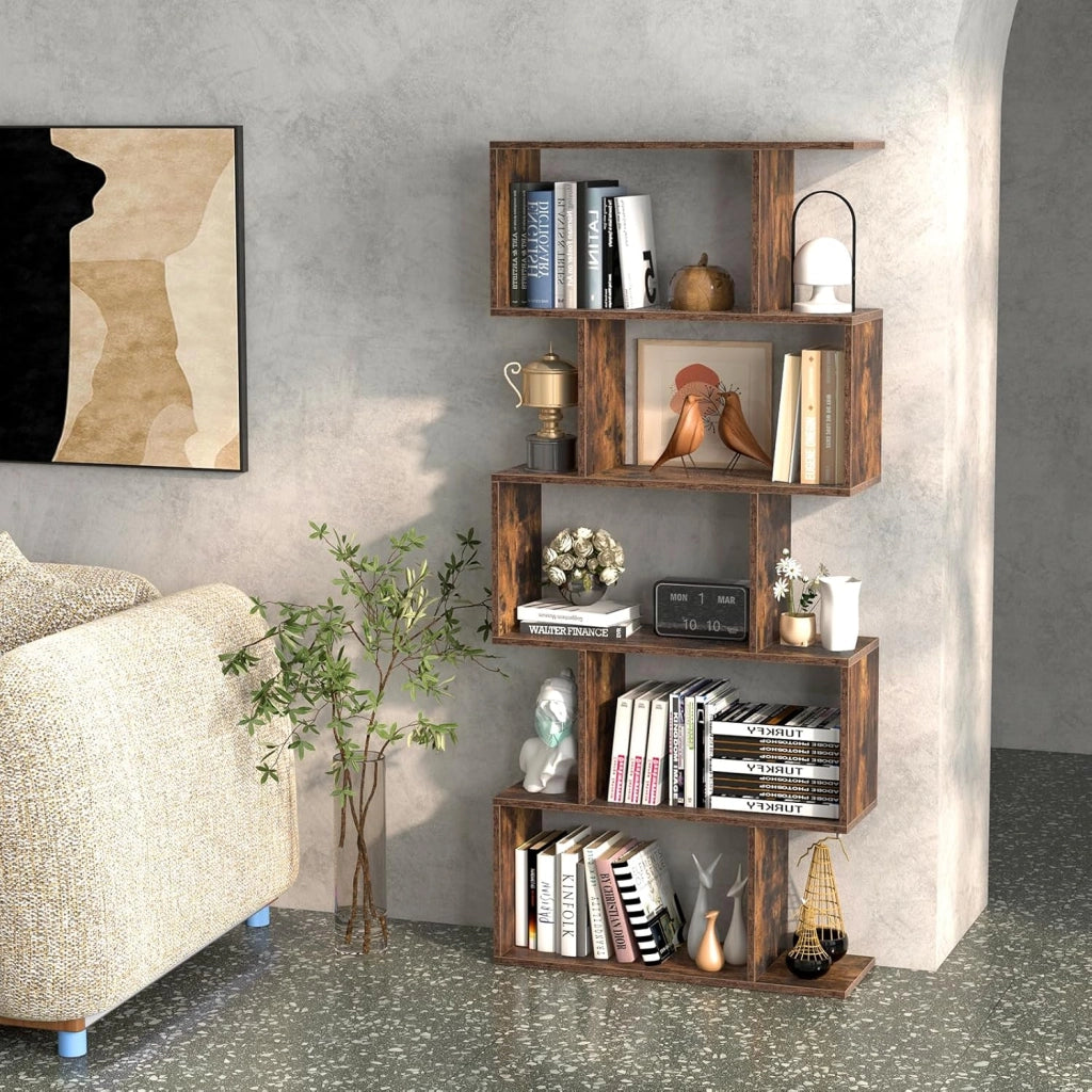 Scaffale in Legno a 5 Ripiani, Libreria Scaffale a Forma di S con Dispositivo Antiribaltamento, Divisorio per Soggiorno Ufficio Camera da Letto, 70 x 23,5 x 158 cm