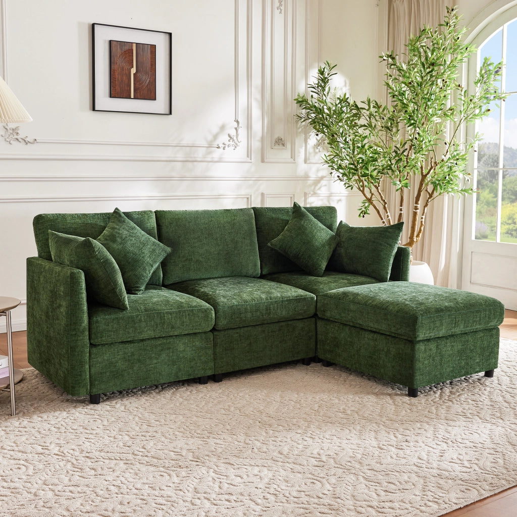 Divano angolare modulare con pouf mobile e 4 cuscini in chenille per soggiorno e ufficio verde 216 × 161 × 81 cm