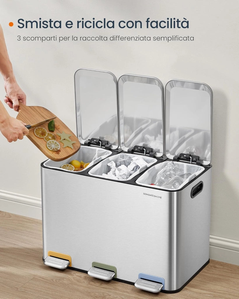 Cestino da Cucina Tripla, Pattumiera per Raccolta Differenziata 3 x 15 L con Pedali Colorati, Raccolta Differenziata, Coperchio e Secchi Interni, Acciaio, Argento Metallizzato