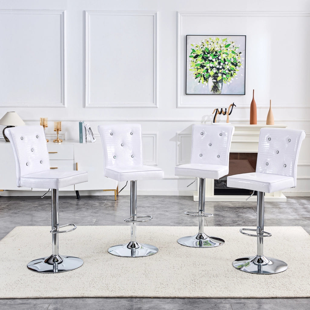 Sedie da sala da pranzo set da 4 con design effetto coccodrillo, dettagli in cristallo e seduta imbottita, in PVC bianco