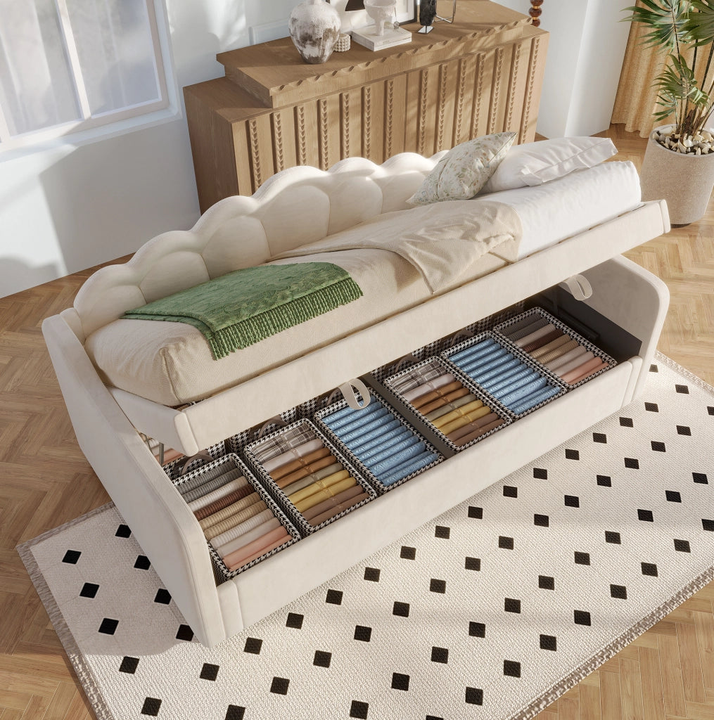 Divano letto con contenitore e LED, in velluto beige, 90x200 cm