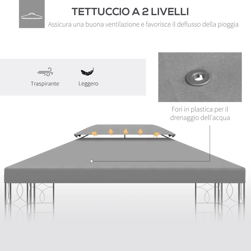 Tetto di Ricambio Impermeabile per Gazebo da Giardino 4x3m in Poliestere  Grigio