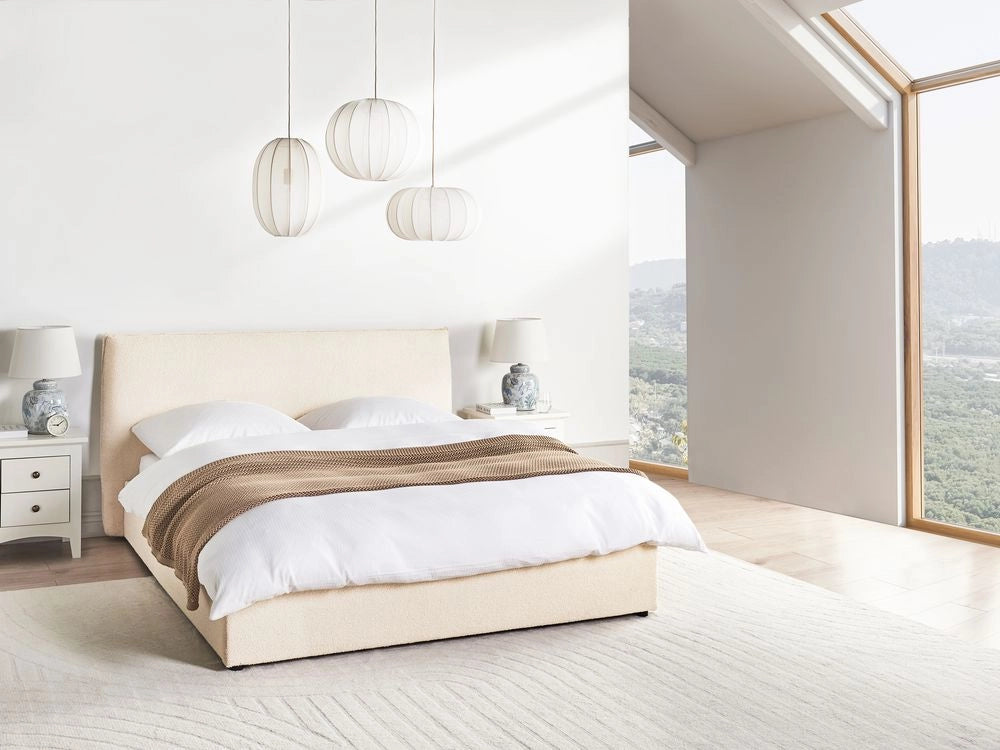 Letto matrimoniale in tessuto bouclé beige testata classica contenitore 160 x 200 cm Doghe in legno