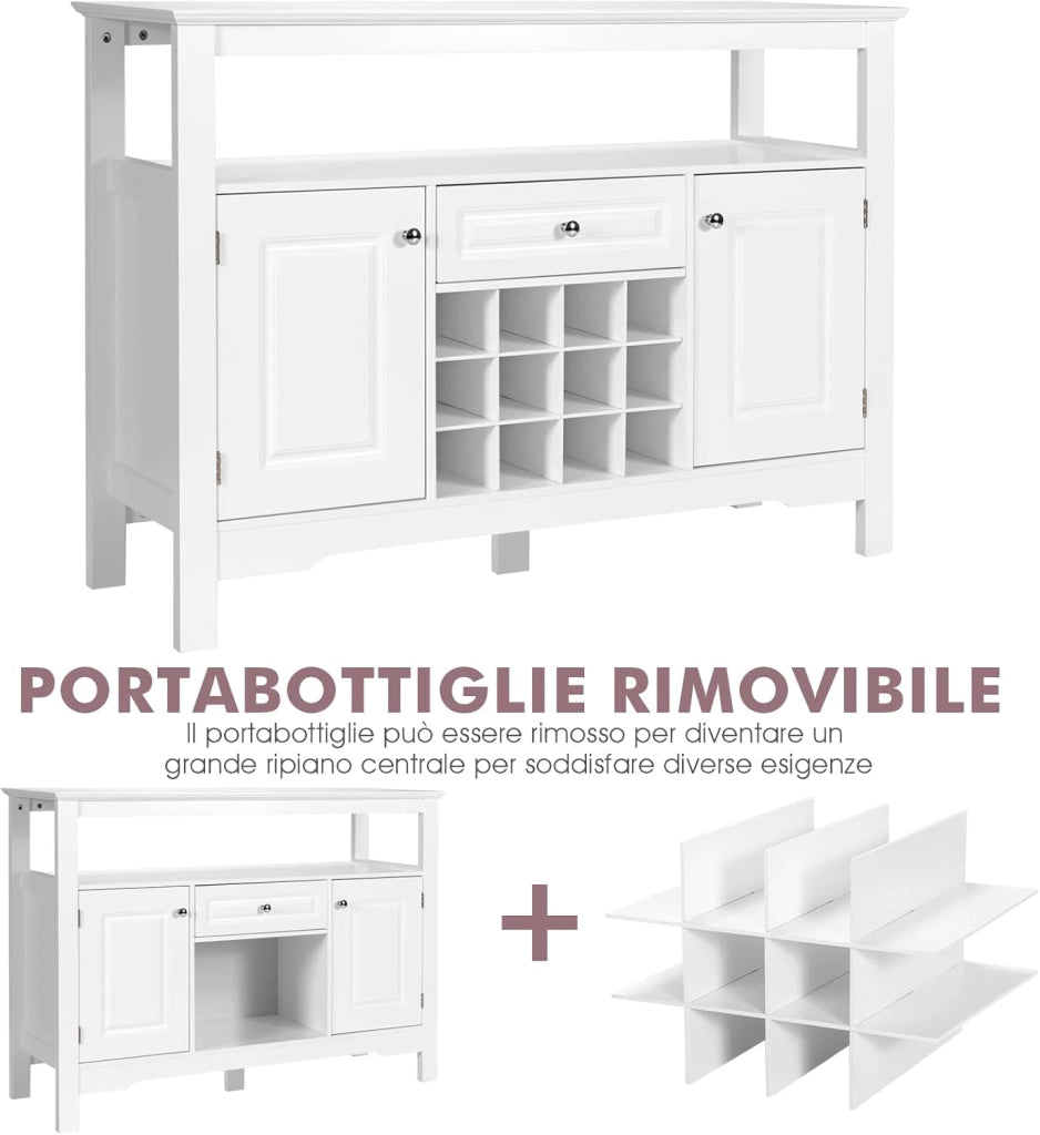 Credenza Moderna con Tanto Spazio, Credenza Cucina con Porta Bottiglie di Vino a Forma Incrociata, Mensola Aperta, 2 Armadietti e Cassetto, 117 x 40,5 x 82,5 cm (Bianco)