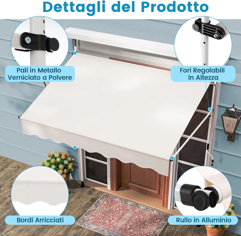 Tenda da Sole a Morsetto, Tenda per Balcone Senza Foratura Altezza e Inclinazione Regolabili con Manovella, Telo Impermeabile e Resistente ai Raggi Solari e Telaio Antiruggine (2M,Bianco)