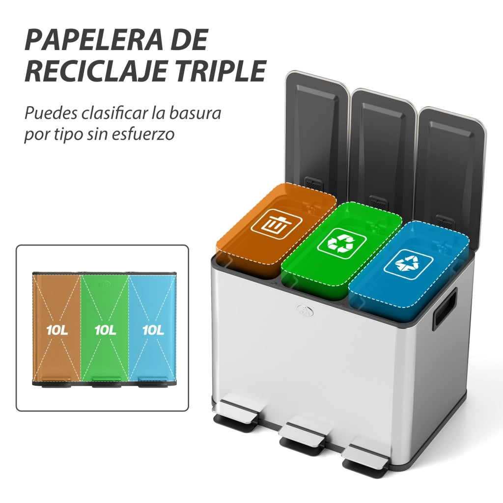Cestino per Rifiuti da Cucina ¨C zephmum ¨C Acciaio Inox 3x10L con Pedale
