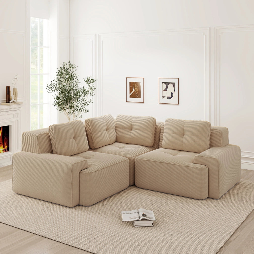 Divano angolare modulare in tessuto a coste beige 249x249x69 cm con seduta profonda