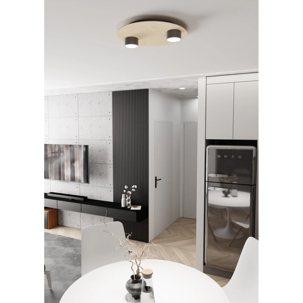 Lampada da soffitto PIXO in acciaio nero e legno naturale