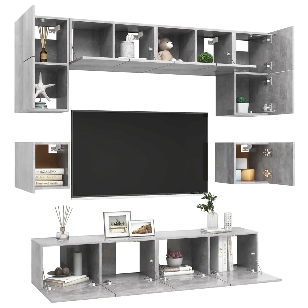 Set di Mobili Porta TV 8 pz Grigio Cemento in Legno Multistrato 3079111