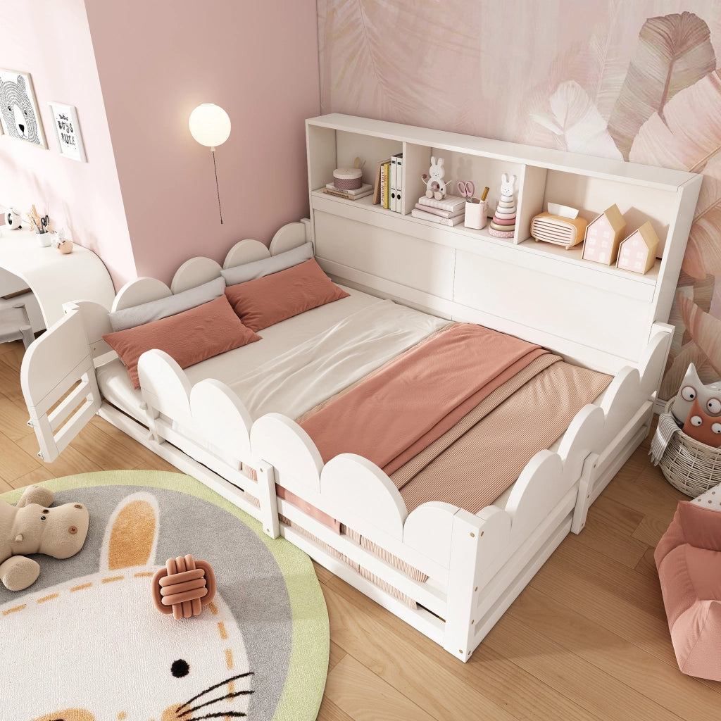 Letto per bambini 140 × 190 cm et 140 × 200 cm con barriera, porta e ripiani, senza materasso, in legno, bianco