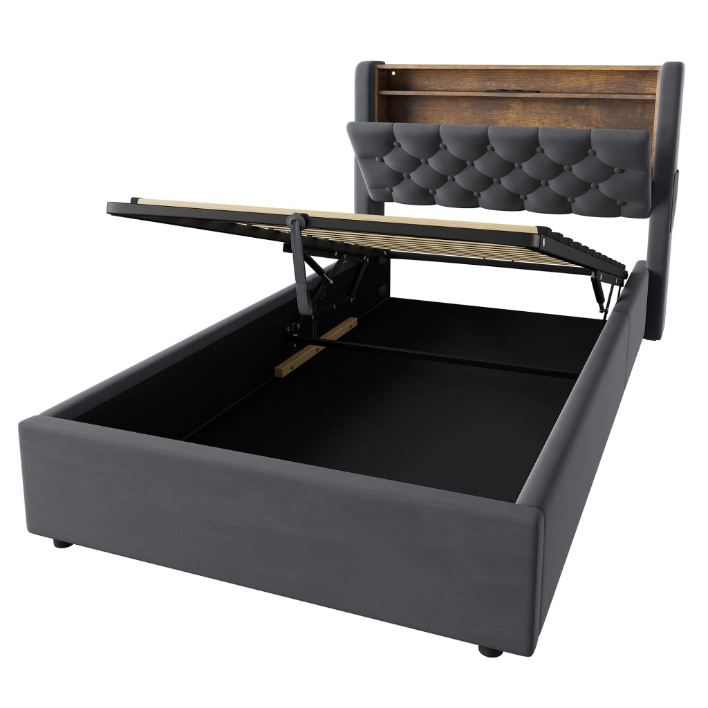 Letto imbottito grigio 90x200 cm con contenitore idraulico, LED e porte USB-A e USB-C