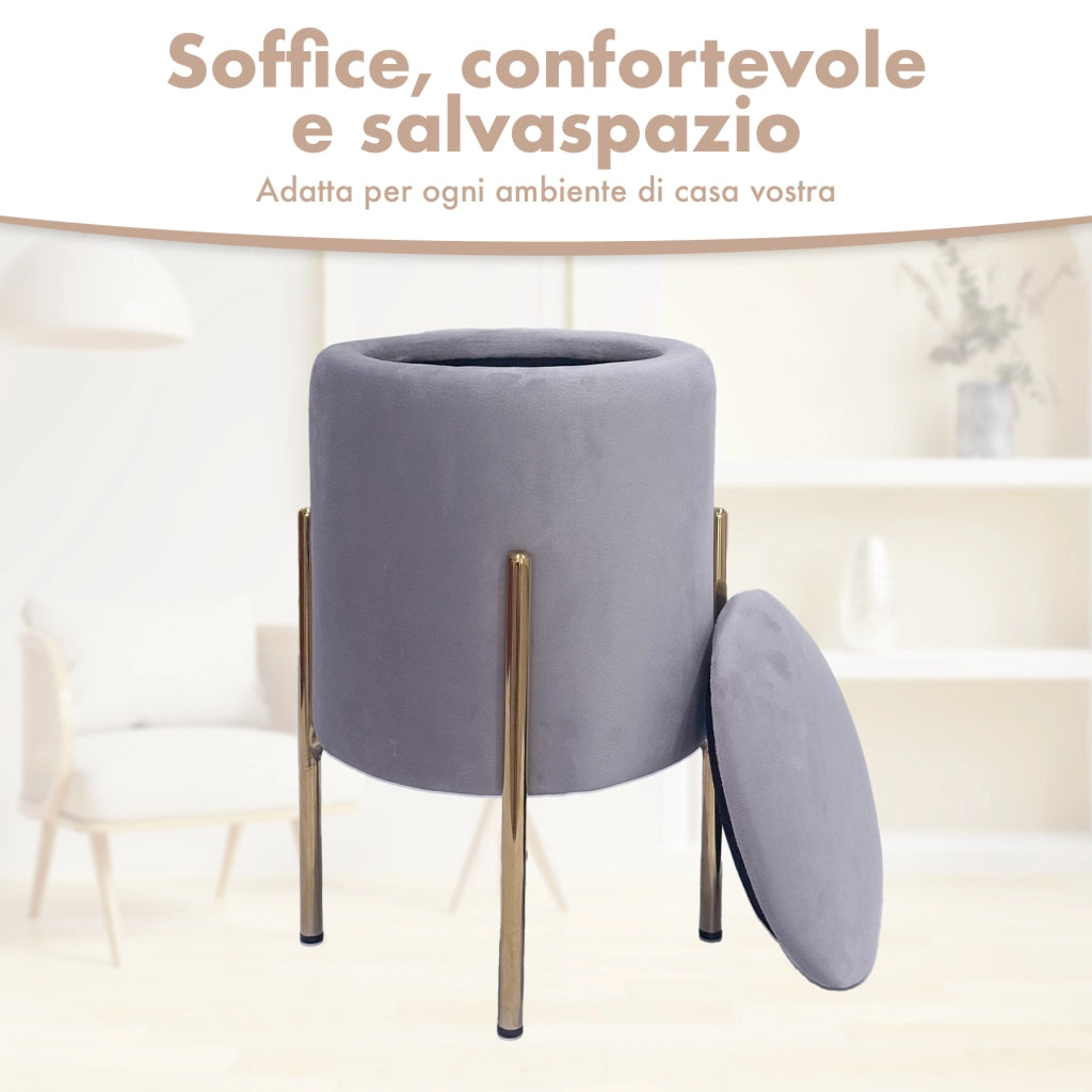 Pouf Contenitore in Velluto Moderno con Gambe Oro – Poggiapiedi Salvaspazio, Sgabello Arredo Elegante 30x45 cm per Soggiorno e Camera Grigio