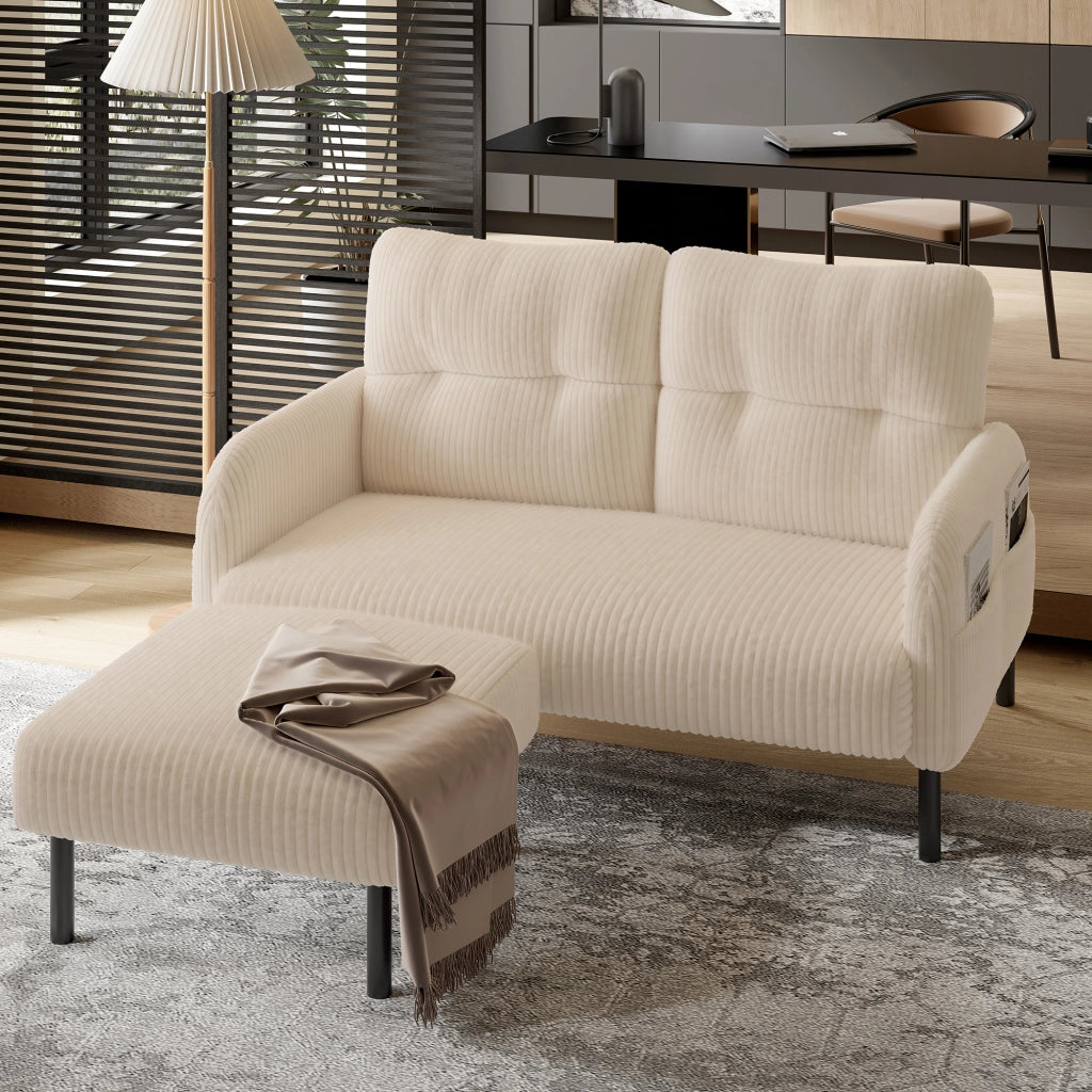 OKWISH Divano 2 Posti, Schienale Ergonomico con Tasche Laterali e Seduta Profonda, Velluto a Coste, Beige