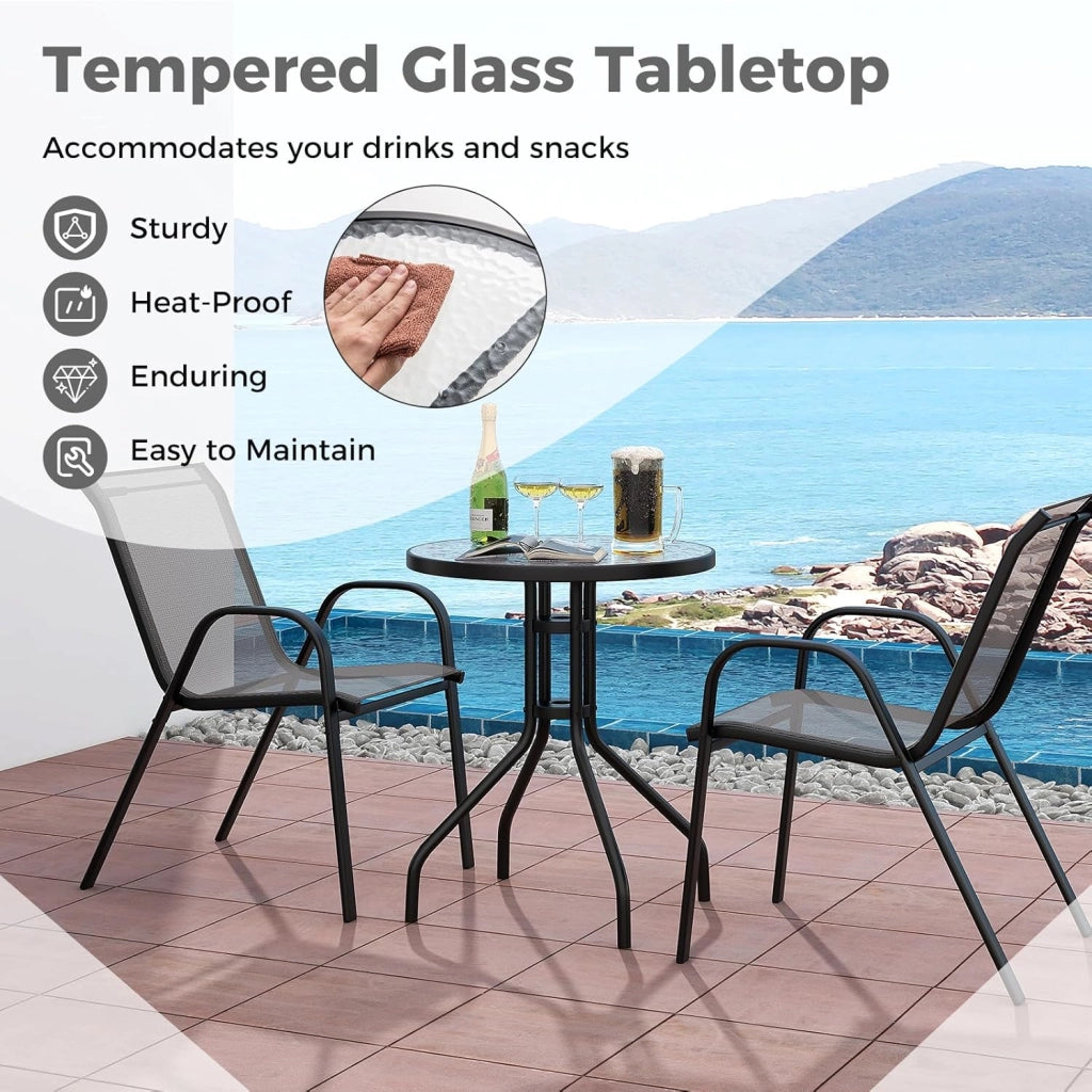 Set di 2 Sedie da Giardino con Tavolo in Vetro, Schienale Alto e Seduta Larga, Telaio in Acciaio Verniciato a Polvere, Tessuto Textilene Traspirante, per Balcone e Esterno (Grigio)