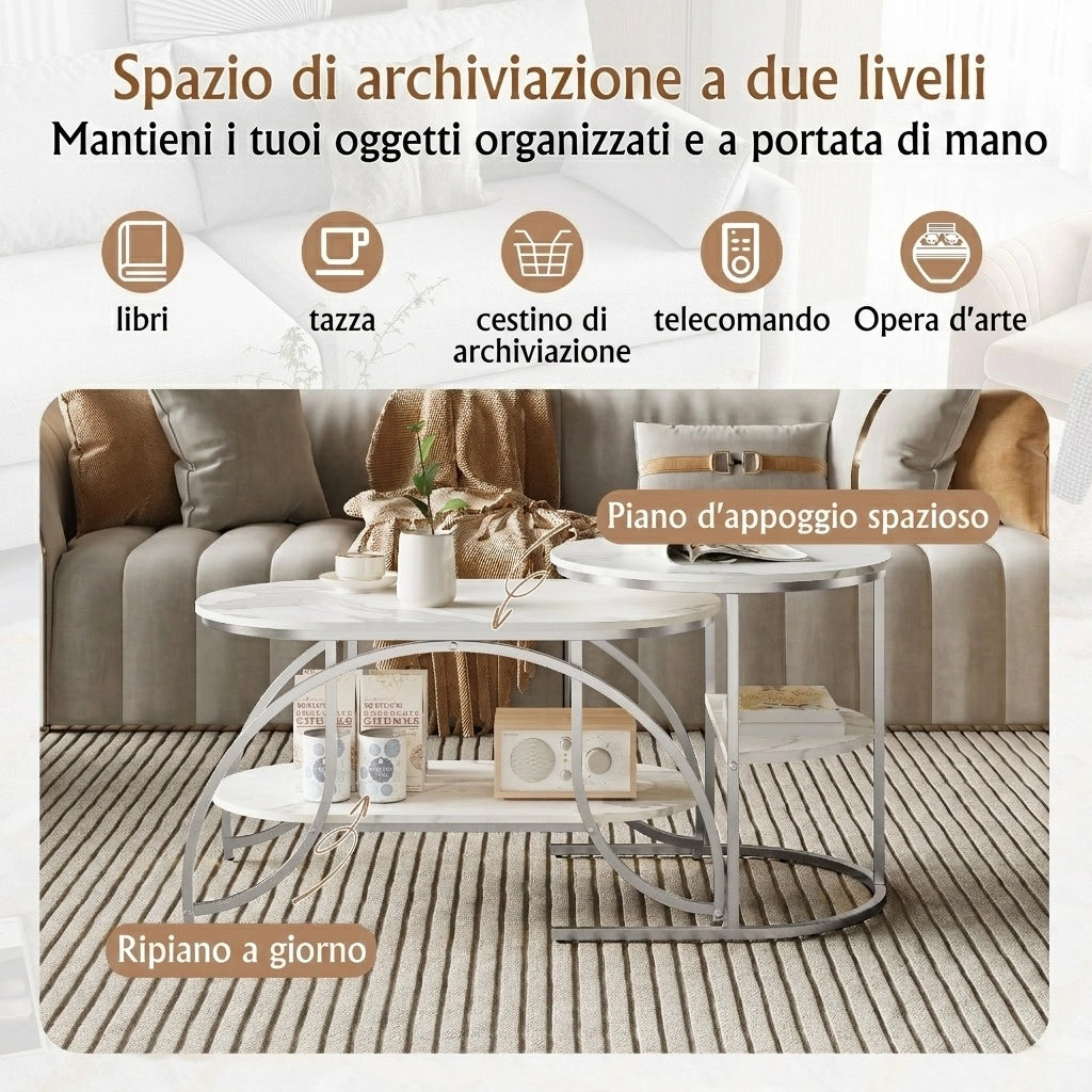 Tavolini da salotto set 2 pezzi 80x46x45 cm con contenitore pieghevoli da divano effetto marmo metallo - argento