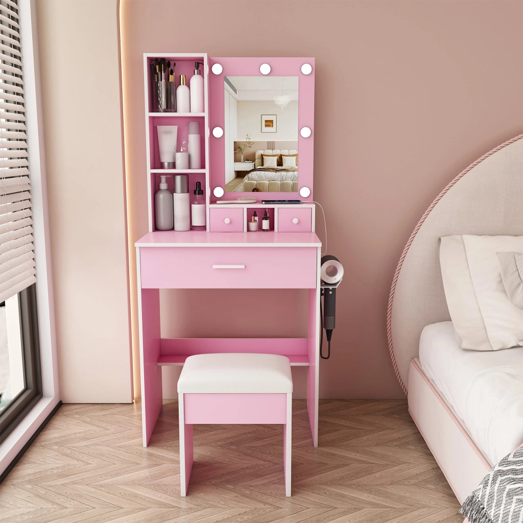 TOELETTA con specchio LED, presa e sgabello, 60 x 131,5 x 38 cm, MDF rosa