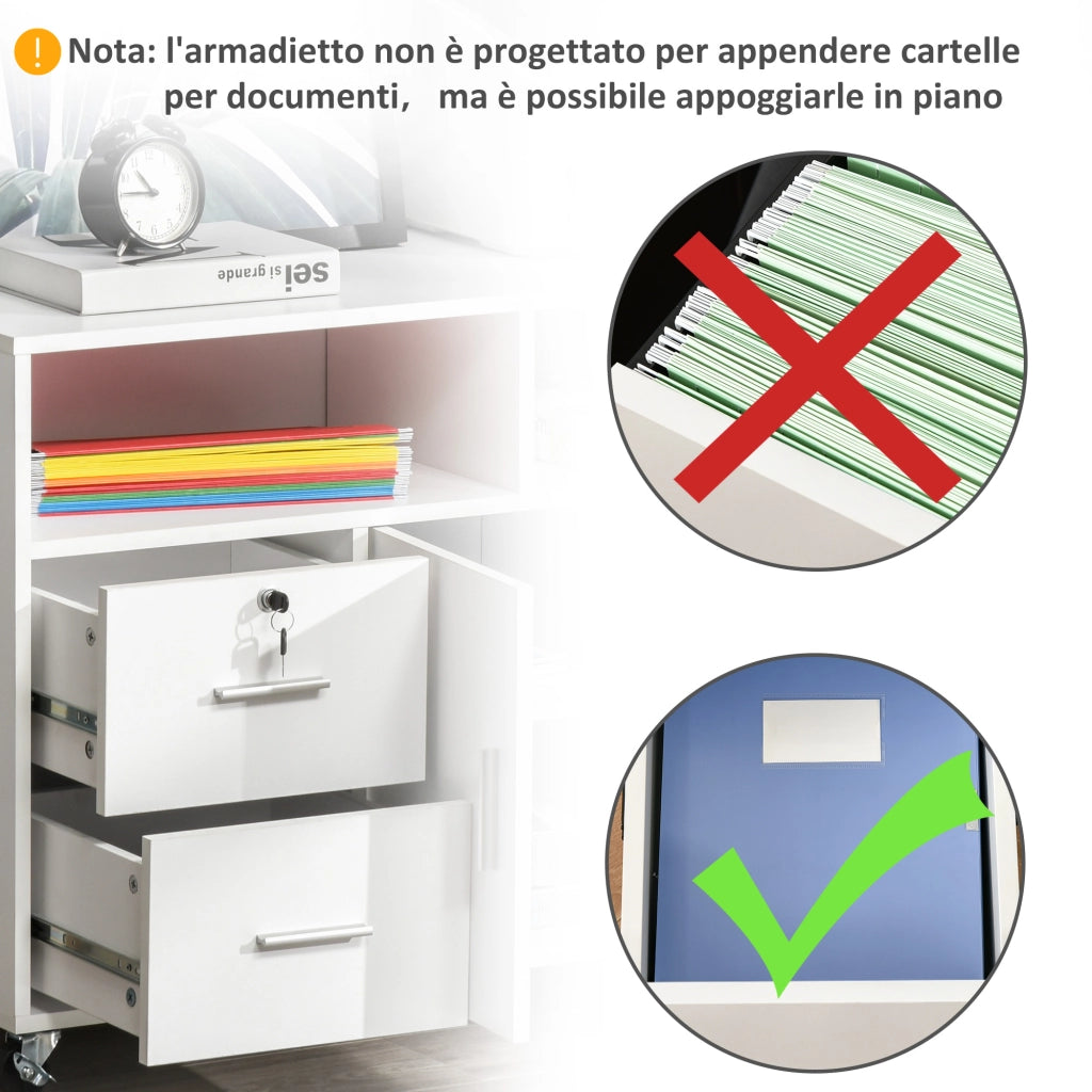 Mobile Porta Stampante a Rotelle con 2 Cassetti Chiudibile a Chiave, 3 Ripiani e Armadietto, Mobile Stampante per Documenti da Ufficio e Studio, 100x35x65 cm, Bianco