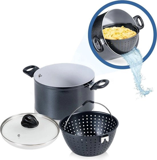 Set di pentole Magic Pot - 24 cm - 64 l - set di forno e coperchio in vetro - cottura semplice - sversamento - servizio - macchina per pasta ceramica - fonti di calore - nero