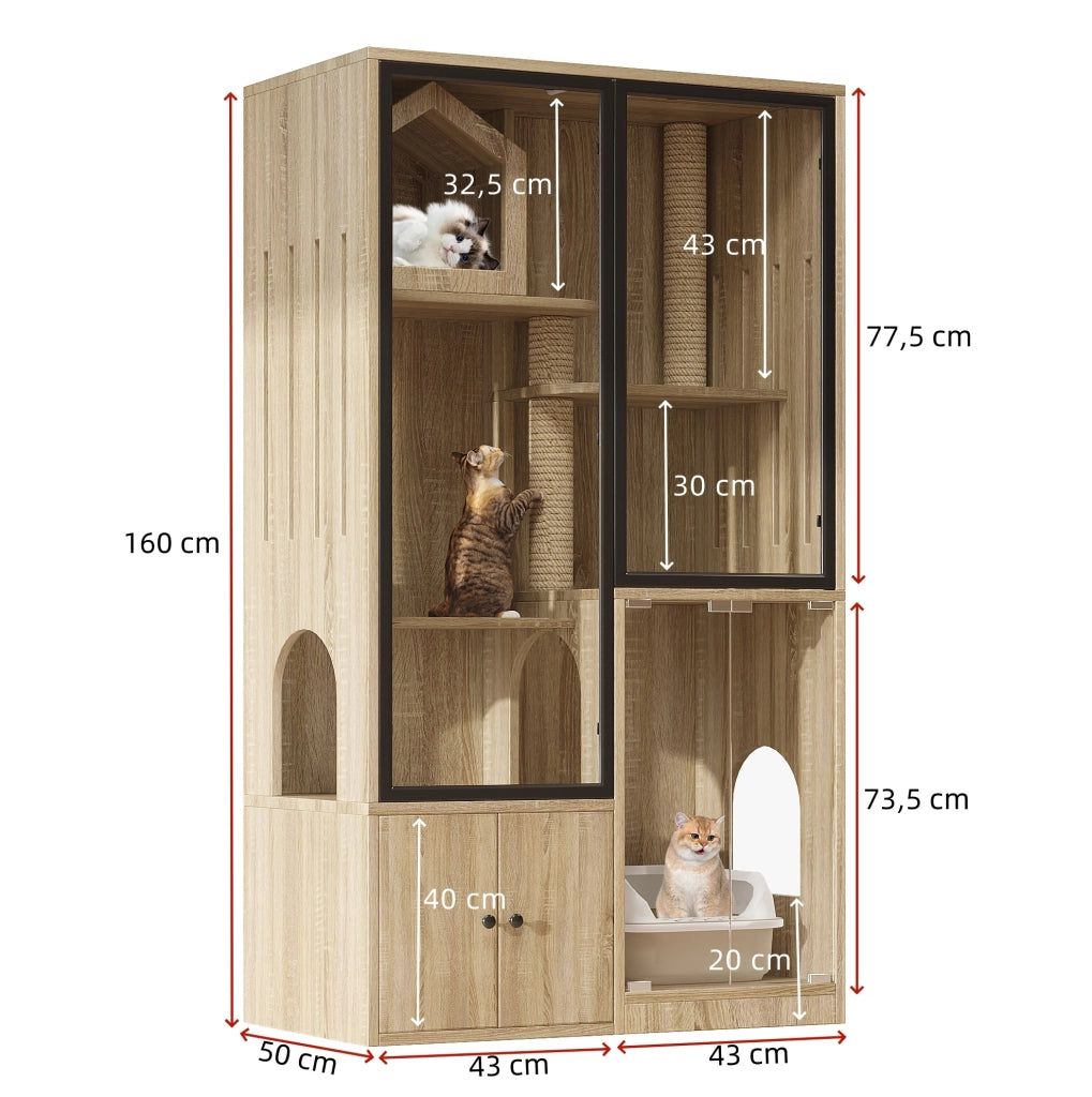 Mobile per gatti a 4 livelli in vetro e legno 90x50x160 cm