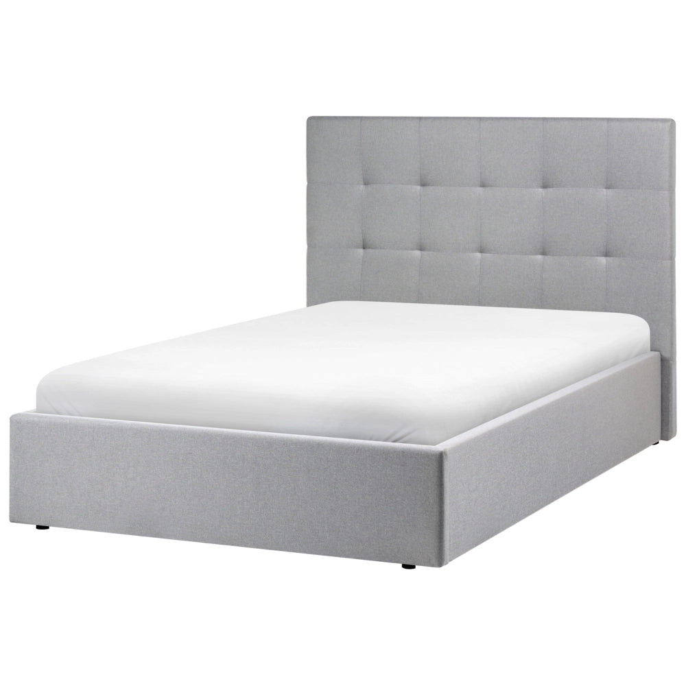 Letto matrimoniale con contenitore portaoggetti e testiera imbottita 120x200 cm in tessuto grigio