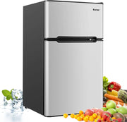Frigorifero 90 L (27+63), Freezer Separato con 2 Ante e Luce LED, Refrigerazione Rapida, Silenzioso, Mini Frigo per Ufficio Casa Bar Hotel, 220-240 V/50 Hz (Grigio) [Classe di efficienza energetica E]