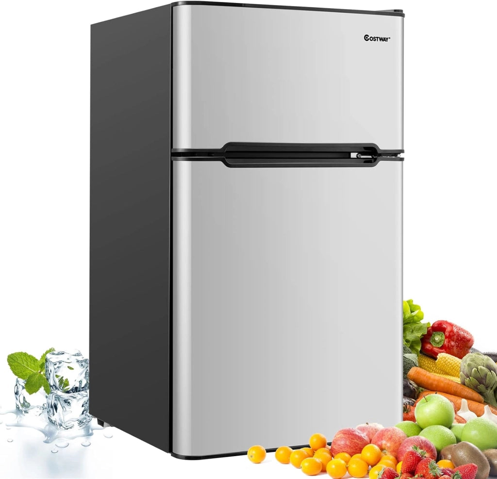 Frigorifero 90 L (27+63), Freezer Separato con 2 Ante e Luce LED, Refrigerazione Rapida, Silenzioso, Mini Frigo per Ufficio Casa Bar Hotel, 220-240 V/50 Hz (Grigio) [Classe di efficienza energetica E]