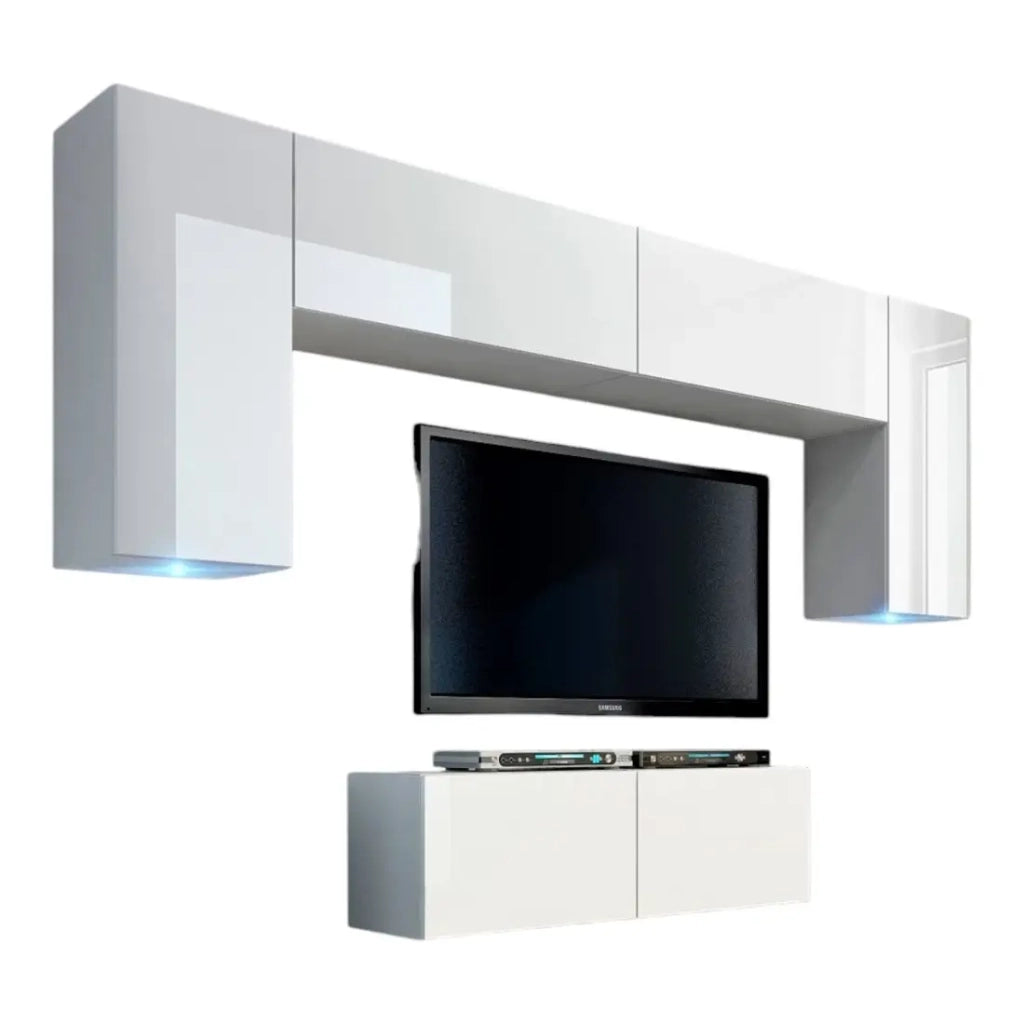 Set di mobili da soggiorno bianchi sospesi collezione CEPTO II 256cm, 6 porte, 4 ripiani, led, modulari.