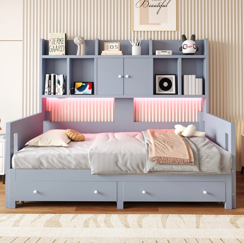 Divano letto estraibile in legno con cassetti; LED e presa; grigio; 90x190 cm