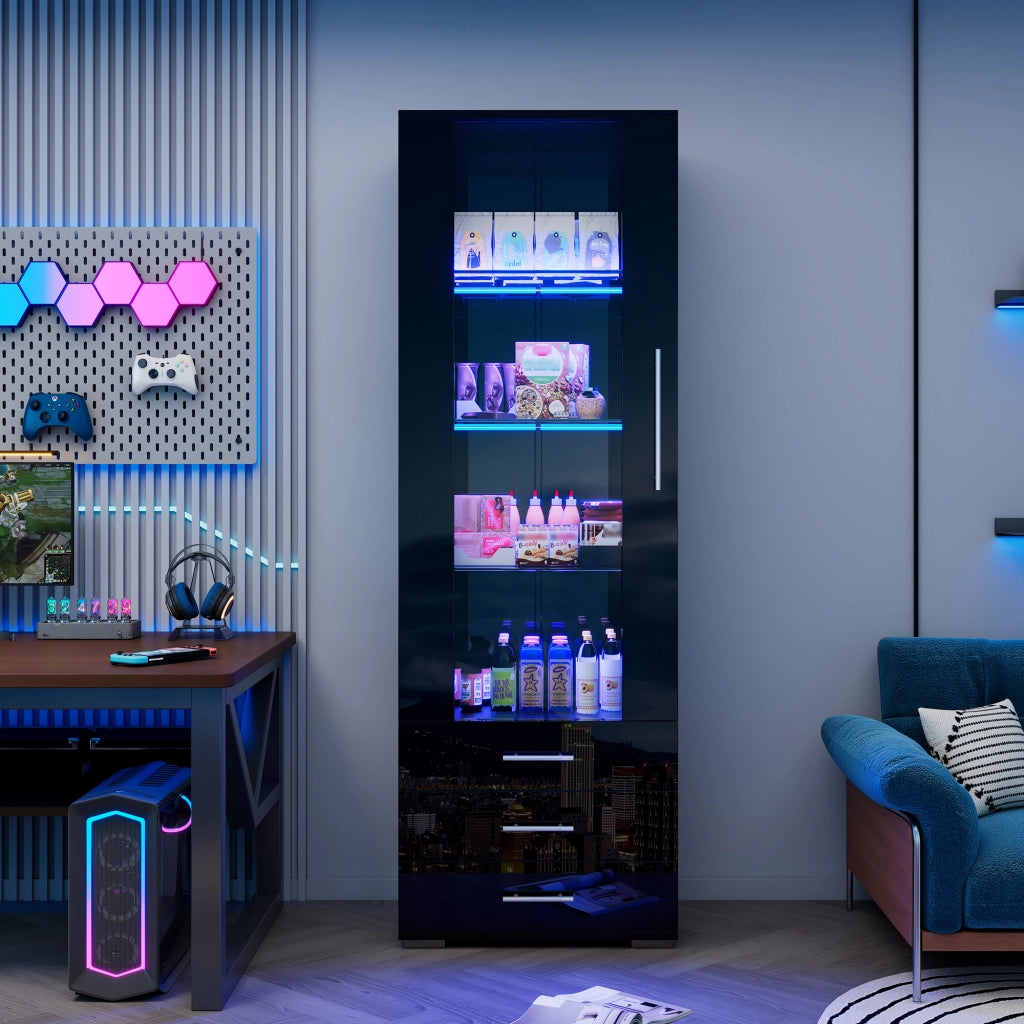 Vetrina Espositiva Nera in MDF con Luci LED e 3 Cassetti 60x35x180 cm