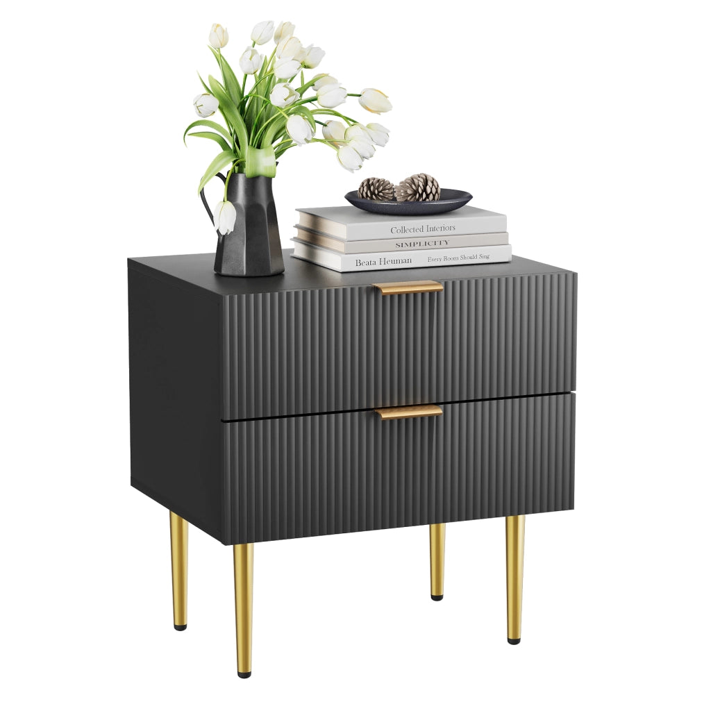 Comodino nero moderno con 2 cassetti, struttura in MDF e gambe in metallo