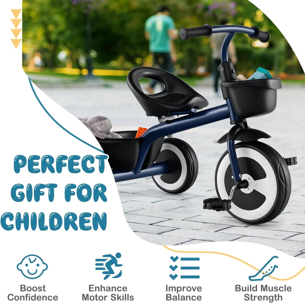 Triciclo Bambino 1-5 Anni, Triciclo Evolutivo con Sedile Comodo Regolabile in 2 Posizioni, Struttura a Triangolo Stabile, 2 Cestini di Stoccaggio, Ruote Antiscivolo, Carico 25 KG (Blu Scuro)