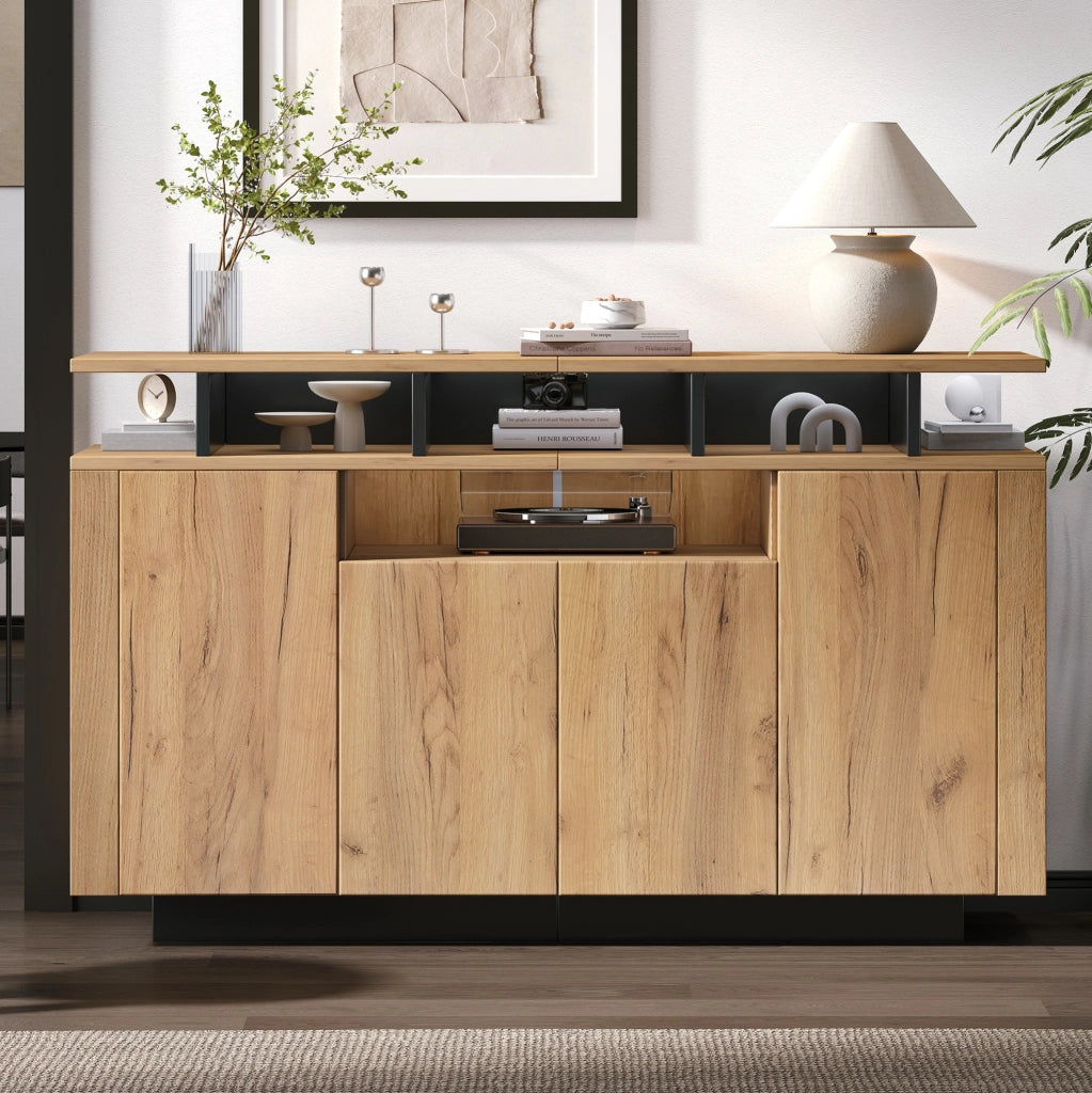 Sideboard Natural con 4 ante e 3 vani a giorno, 140x40x85 cm