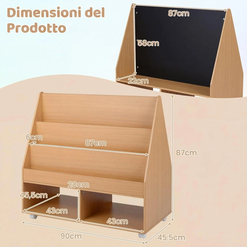 Libreria Montessoriana per Bambini, Scaffale per Giocattoli in Legno con Lavagna e 5 Ruote, Libreria a 3 Ripiani e Scomparti, per Cameretta e Asilo Nido, 90 x 45,5 x 87 cm (Naturale)