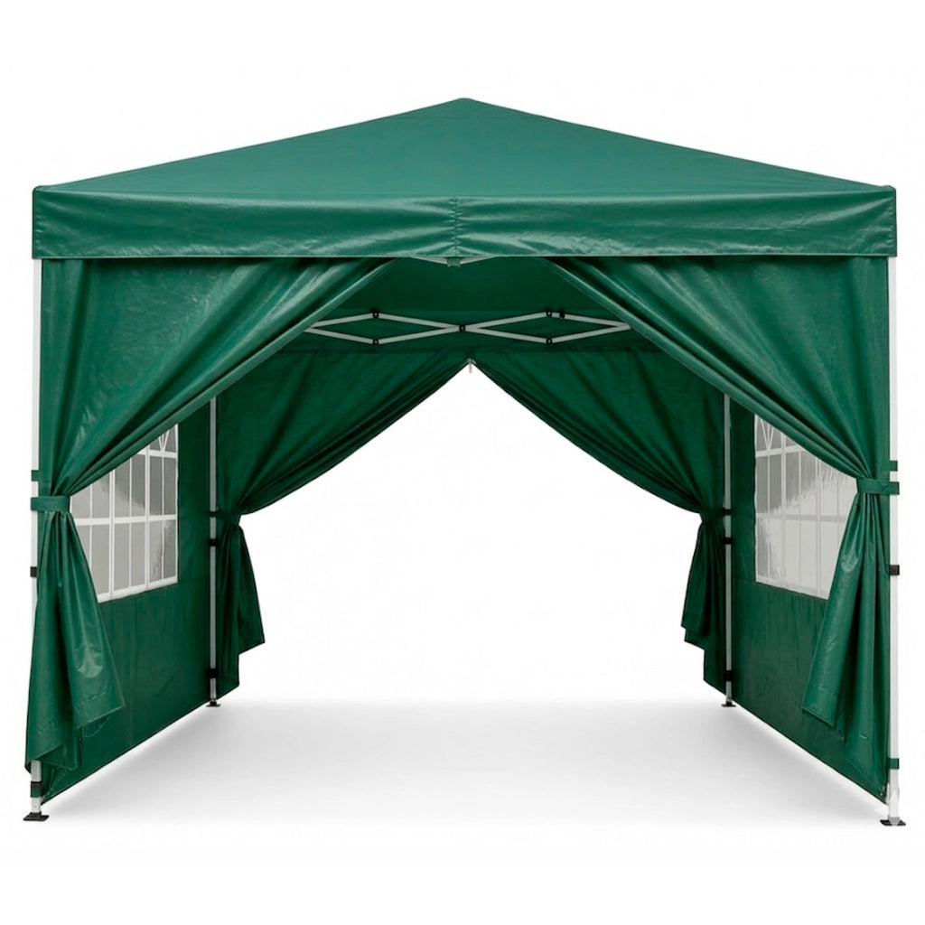 Gazebo Pieghevole Da Giardino Con Pareti Laterali E Finestre Trasparenti Sistema Pop Up Copertura Impermeabile UV50+ Telaio In Acciaio Per Eventi Outdoor 3 x 3 x 2.59 M Verde
