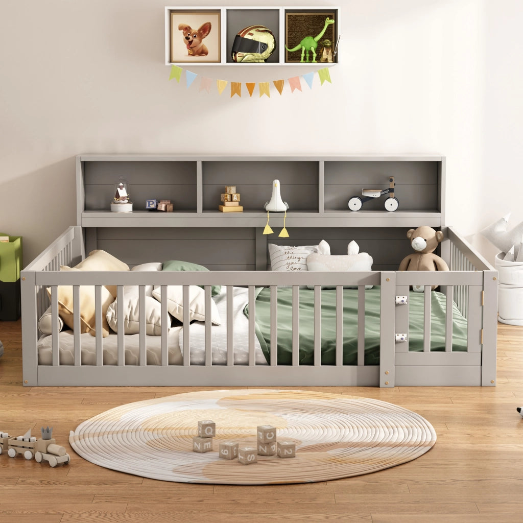 Divano letto 140×200 cm; letto matrimoniale con vani laterali; barriera di sicurezza; senza materasso; in legno di pino e MDF; grigio
