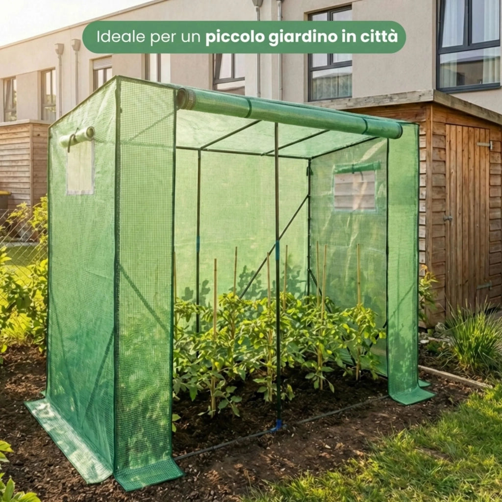 Serra da giardino a casetta con struttura in metallo e telo in PE 1 porta 2 finestre Verde 202x80x170 cm