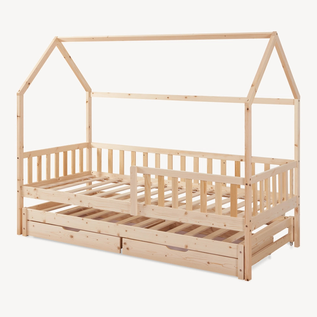 Letto a Casetta per Cameretta Aarghonmaa in Legno di Pino con Letto Estraibile e 2 Cassetti 90x200 cm - Naturale [en.casa]