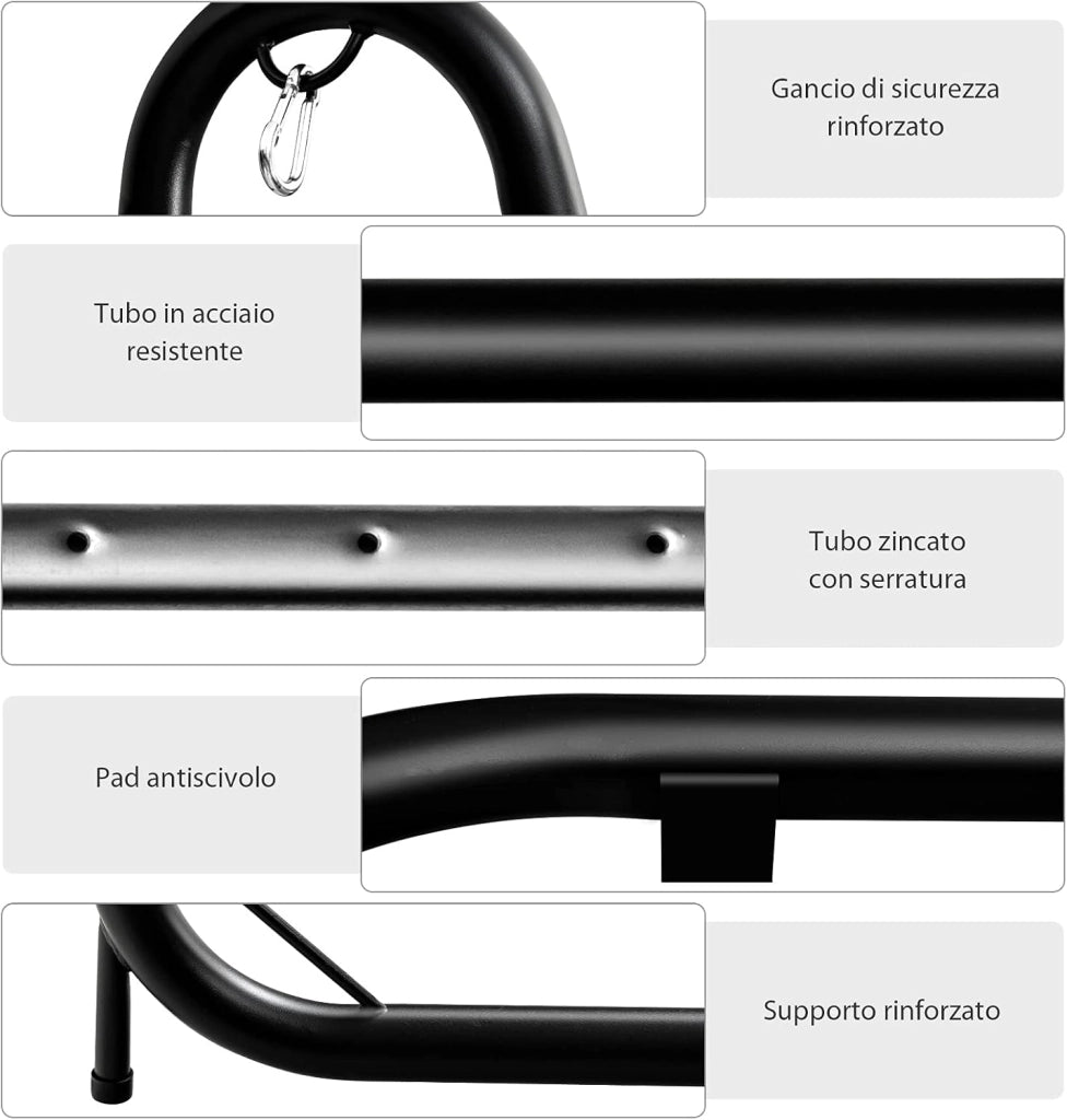 Sostegno per Sedia Sospesa Regolabile, Struttura Resistente con Gancio di Sicurezza, Carico Fino 150KG, Cuscinetti Antiscivolo, Perfetto per Camera da Letto, Patio, Cortile, Piscina, Veranda