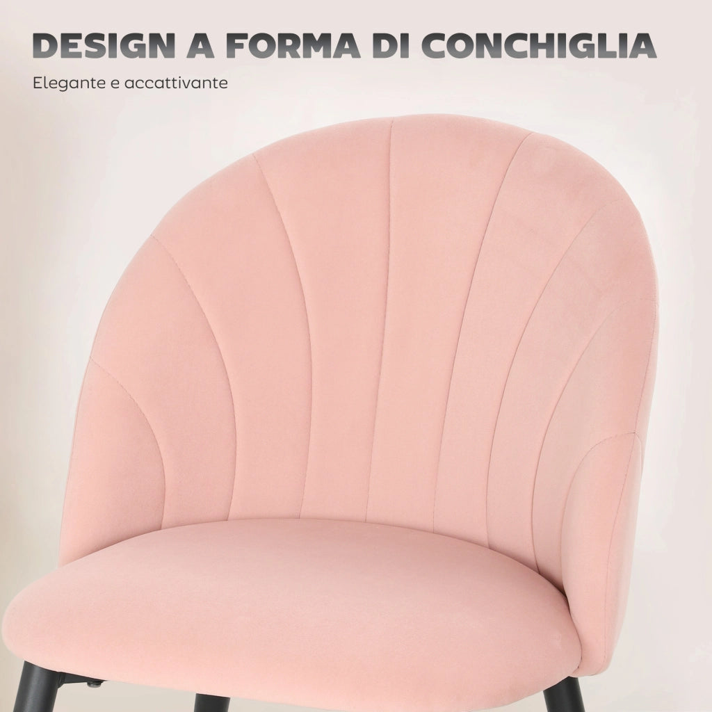 Set 2 Sedie da Pranzo Imbottite 52x55x79 cm con Schienale a Conchiglia in Velluto Rosa