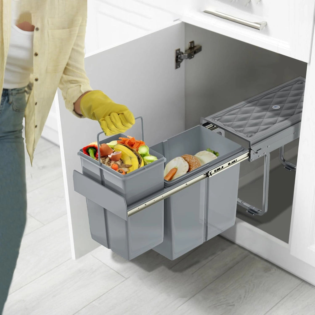 Pattumiera per cucina, 2 scomparti, estensibile, per cucina, armadio inferiore con guide telescopiche, sistema di separazione dei rifiuti, grigio, 1 x 20 L + 1 x 10 L