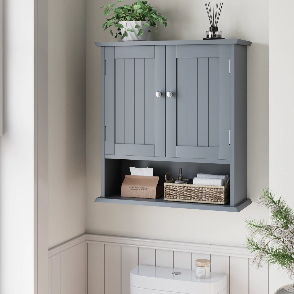 Armadietto da bagno pensile in MDF grigio chiaro con ripiani interni regolabili, mobile salvaspazio da parete