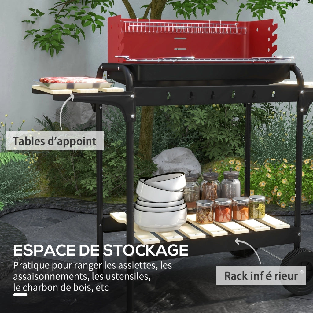 Barbecue a carbone con griglia regolabile ¨C zephmum ¨C 2 ruote 3 ripiani recuperatore ceneri rosso
