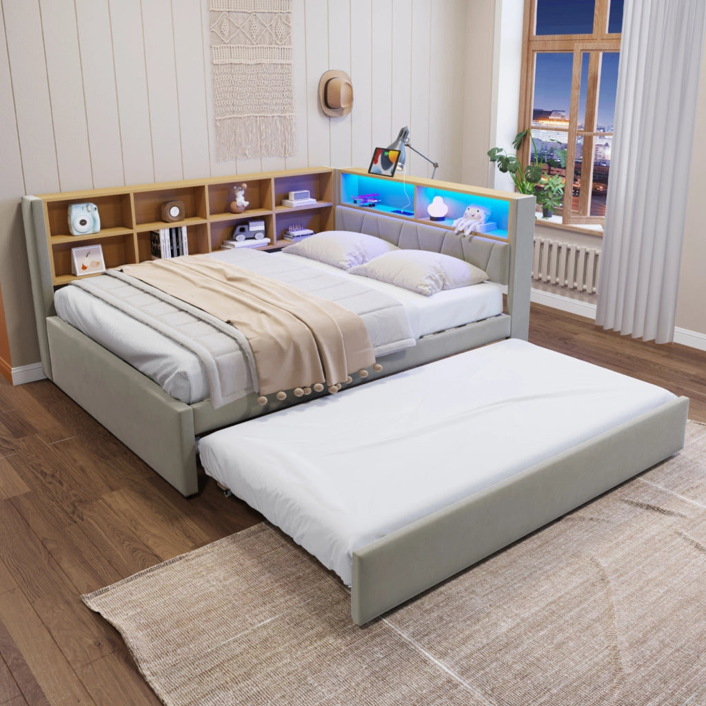 Divano letto multifunzione 140x200 cm con letto estraibile 90x190 cm; LED; grigio chiaro in flanella