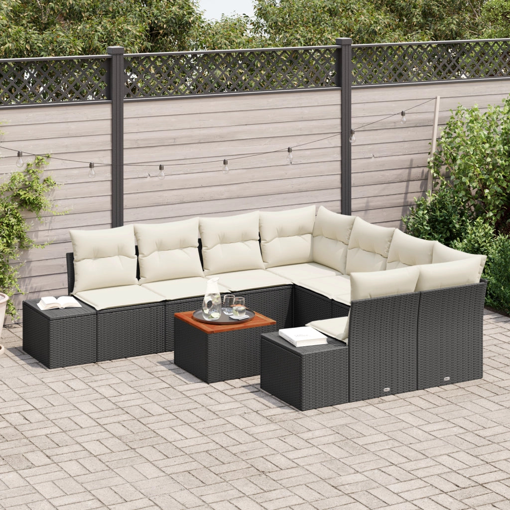 Set di divani da giardino 9 pezzi con cuscini in Polyrattan nero e acacia