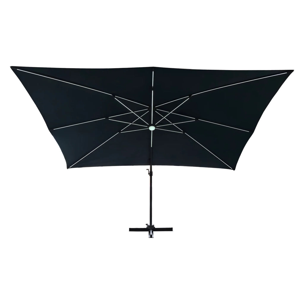 Ombrellone rettangolare da giardino Brez, decentrato (400x300 cm), alluminio e poliestere, LED incluso, apertura antivento con manovella, base inclusa, colore petrolio