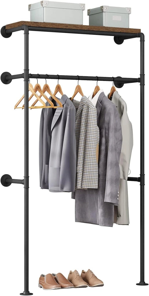 Asta appendiabiti industriale nera per montaggio a parete, appendiabiti con ripiano, per camera da letto, sistema appendiabiti in tubi metallici MDF