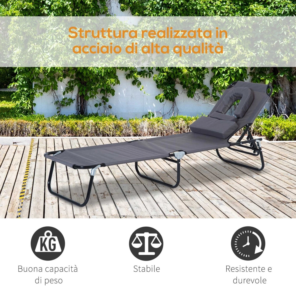 Easycomfort Sedia Sdraio da Esterno Pieghevole con Foro per il Viso e Cuscini, Lettino Prendisole da Giardino, Spiaggia e Campeggio, Grigio