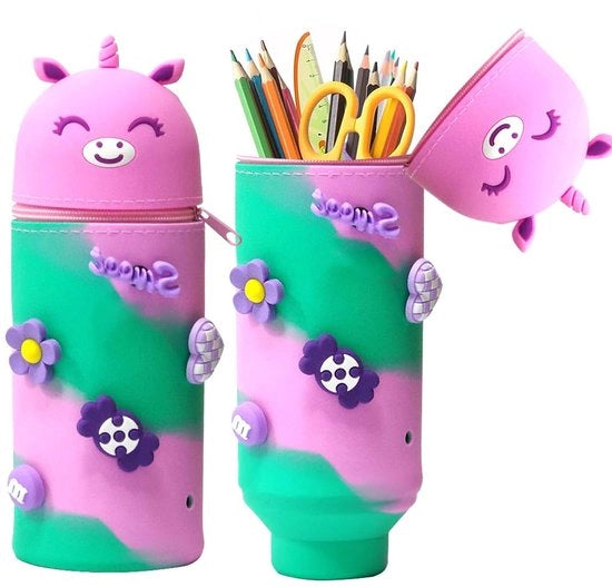 Etui di Silicone con Faccia di Unicorno, 18 Modelli disponibili, Borsa di Silicone morbida 2 in 1, Etui per Animali 18,5 cm di Altezza, Cerniera e Ripiegabile, Borsa per Ragazze e Ragazzi (Blu)