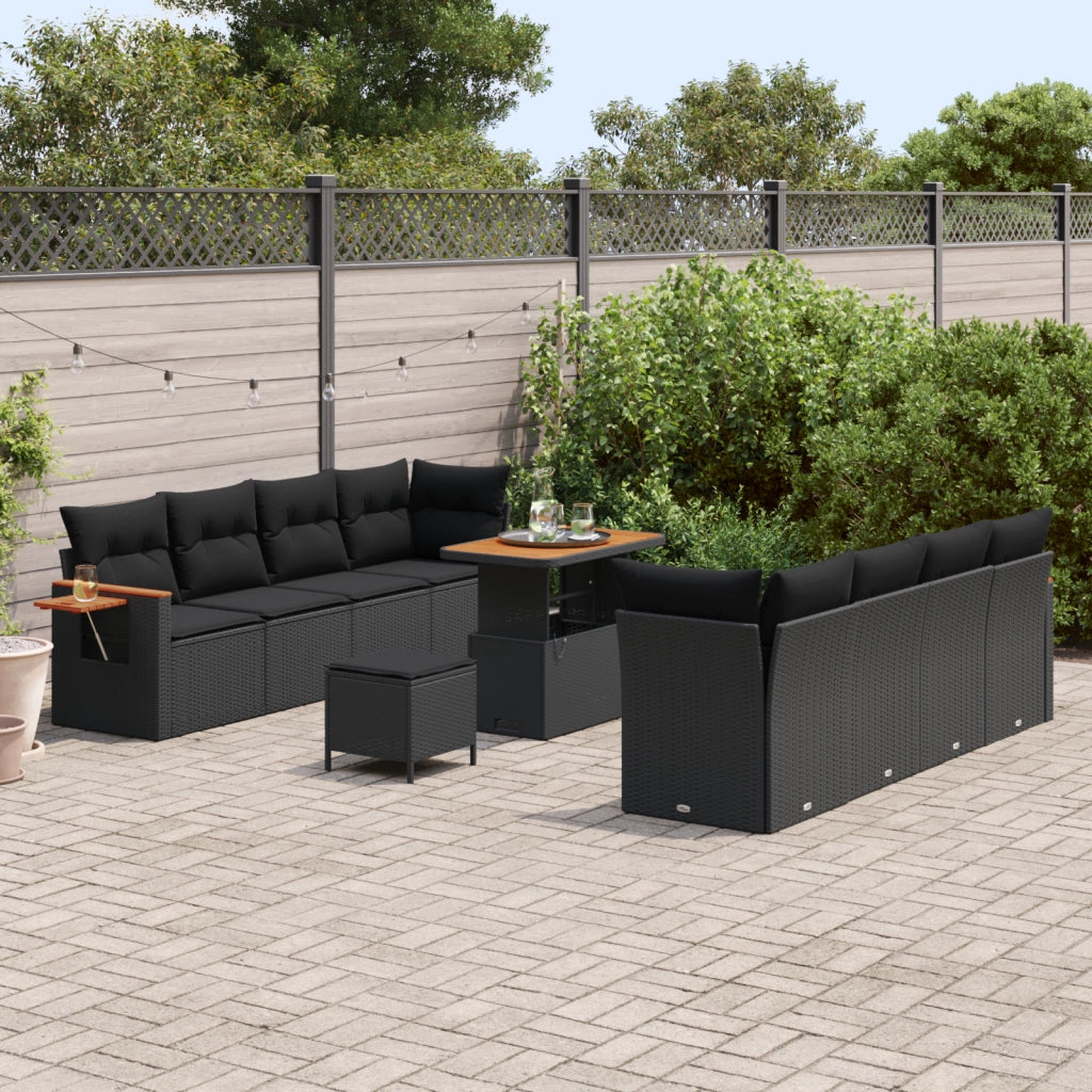 Set di 11 Pezzi Divano da Giardino con Cuscini Nero Polyrattan Acacia