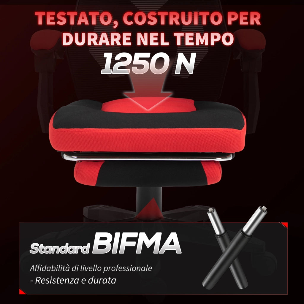 Sedia da Ufficio Ergonomica e Reclinabile con Poggiapiedi. in Tessuto a Rete. 58x63x112-122 cm. Nera e Rossa